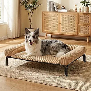 Elevated Dog Bed with Removable Fluffy Pillow Cushion, Raised Pet Cot Washable Bolster, Dog Couch Sofa, Anti Slip Feet, Khaki, 36"Ã—26"