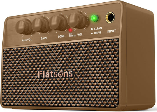 Flatsons FBA-10 Guitar Amplifier, Drive\/Clean Tone Electric Guitars Amp, 10W Mini Portable Amp with Type-C Rechargeable Battery 6H Work, Wireless Vintage Guitar Speaker for Practice Travel (Brown)