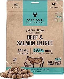 Vital Essentials Freeze Dried Dog Food, Raw Beef & Salmon Soft Nibs | Complete Meal or Topper | 99% Beef, Salmon, Organs & Bone | High Protein, Grain Free Dry Dog Food | 14 oz Bag