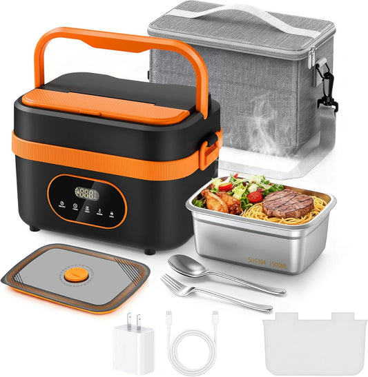 Heated Lunch Box, 16000mAh Cordless Electric, 1.5L Portable Self Heating Lunch Box for Adults, Rechargeable Food Warmer for Office, Picnic,Car Travel,Outdoor Use-Orange