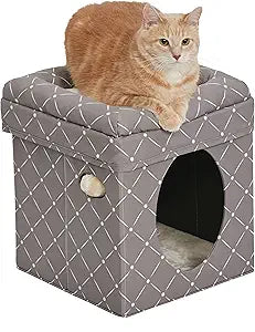 MidWest Homes for Pets Feline Nuvo Curious Cat Cube, Foldable Cat Hideout with Toy, Bolstered Bed Top, Mushroom Diamond, Faux Fur