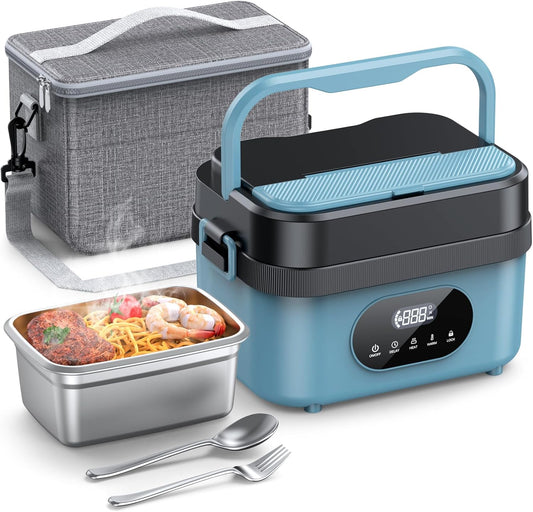SEVENMEET Cordless Electric Lunch Box for Adults, 18000mAh Rechargeable Portable Self-Heating Lunch Box Food Warmer, 1.5L(6 Cups) Container for Outdoor, Work, Office, Camping, Travel（Blue＆Black）