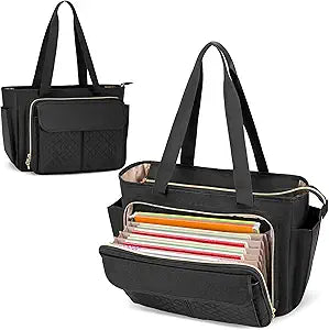 LUXJA Teacher Bag with Accordion File Area and Laptop Sleeve, Teacher Tote Bag for Women (Patent Pending), Black