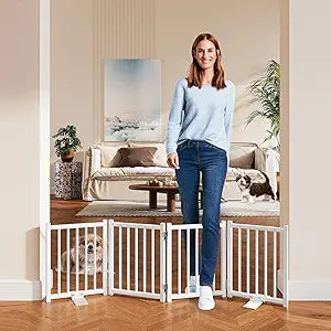 Snughome Short Dog Gate Indoor, 16" High Freestanding Small Dog Door Gates with Support Feet, Expands Up to 48â€™â€™ Wide Foldable Pet Gate for Doorway, 4 Panel Folding Pet Door Pet Fence for Puppy, White