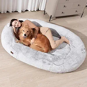 Giant Human Sized Dog Bed for Adults and Pets, 74"x50"x12" Pressure Relieving Memory Foam for Ultimate Comfort, Waterproof & Machine Washable Cover, Family Bedroom Lounger, Grey White