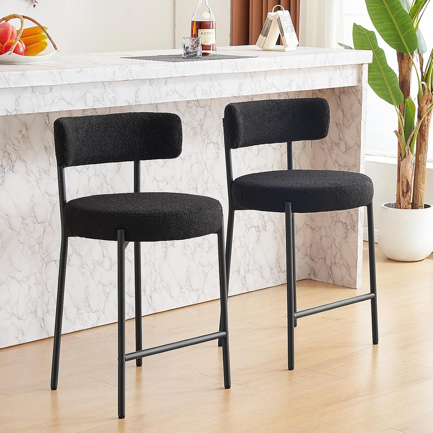 Furnilivng 24'' Bar Stools Set of 2, Modern Boucle Counter Height Bar Stools with Curved Back and Black Metal Frame, Upholstered Kitchen Stools, Barstools for Kitchen Island, Bar, Dining Room, Black
