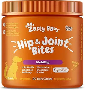 Zesty Paws Hip and Joint for Dogs, Glucosamine for Dogs Hip and Joint Supplement with Chondroitin, MSM, Vitamins C & E - Bacon, 90 Count