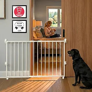 Yeagle Extendable Rolling Guard, Adjustable Pet Safety Gate, White Metal Expandable Indoor Barrier with Wheels for Stairs, Doorways and Hallways, Easy One-Hand Operation, Dual-Side Opening