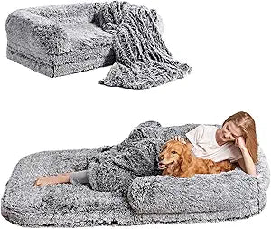EHEYCIGA Foldable Human Dog Bed, 72"x44"x11" Orthopedic Memory Foam Human Sized Dog Bed, Waterproof Pet Bed for People, Faux Fur Pet Couch for Adult with Non-Slip Bottom, Faded Black