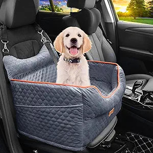 Dog Car Seat - Memory Foam Dog Booster Seat for Small Dogs Up to 25lbs-Elevated Pet Car Seat with Storage Pockets and Dog Seat Belt-Soft Pet Travel Bed for Front & Back Seats-Removable Washable-Grey