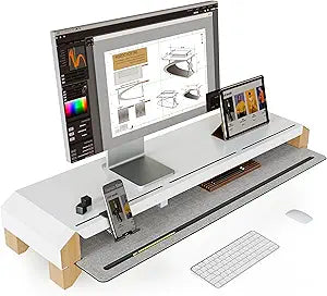 Fenge Monitor Stand for Desk, 39 Inch Dual Monitor Riser for 2 Monitors, Solid Wood Desk Shelf with Cable Management, 2 Tier Computer Stand with Phone Stand for PC, Laptop, Printer, TV