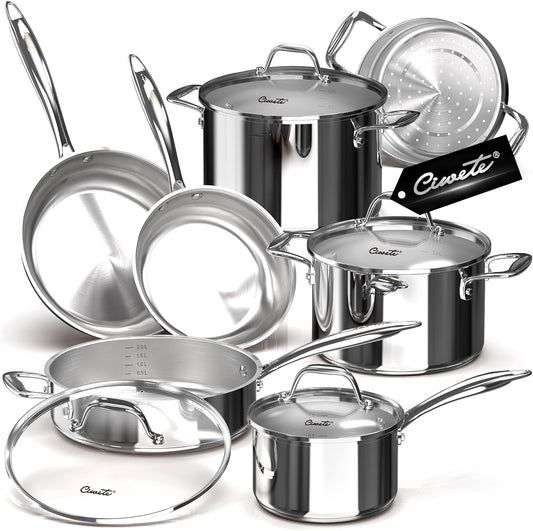Ciwete Tri-Ply Stainless Steel Pots and Pans Set 11-PC, 18\/10 Stainless Steel Induction Cookware Set with Steamer Insert, Kitchen Cookware Sets with Stay Cool Ergonomic Handles, Dishwasher, Oven Safe
