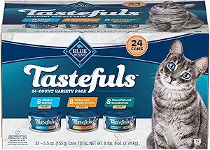 Blue Buffalo Tastefuls Wet Cat Food PatÃ© Variety Pack, Made with Natural Ingredients, Chicken, Turkey & Chicken, Ocean Fish & Tuna EntrÃ©es, 5.5-oz Cans (24 Count, 8 of Each)