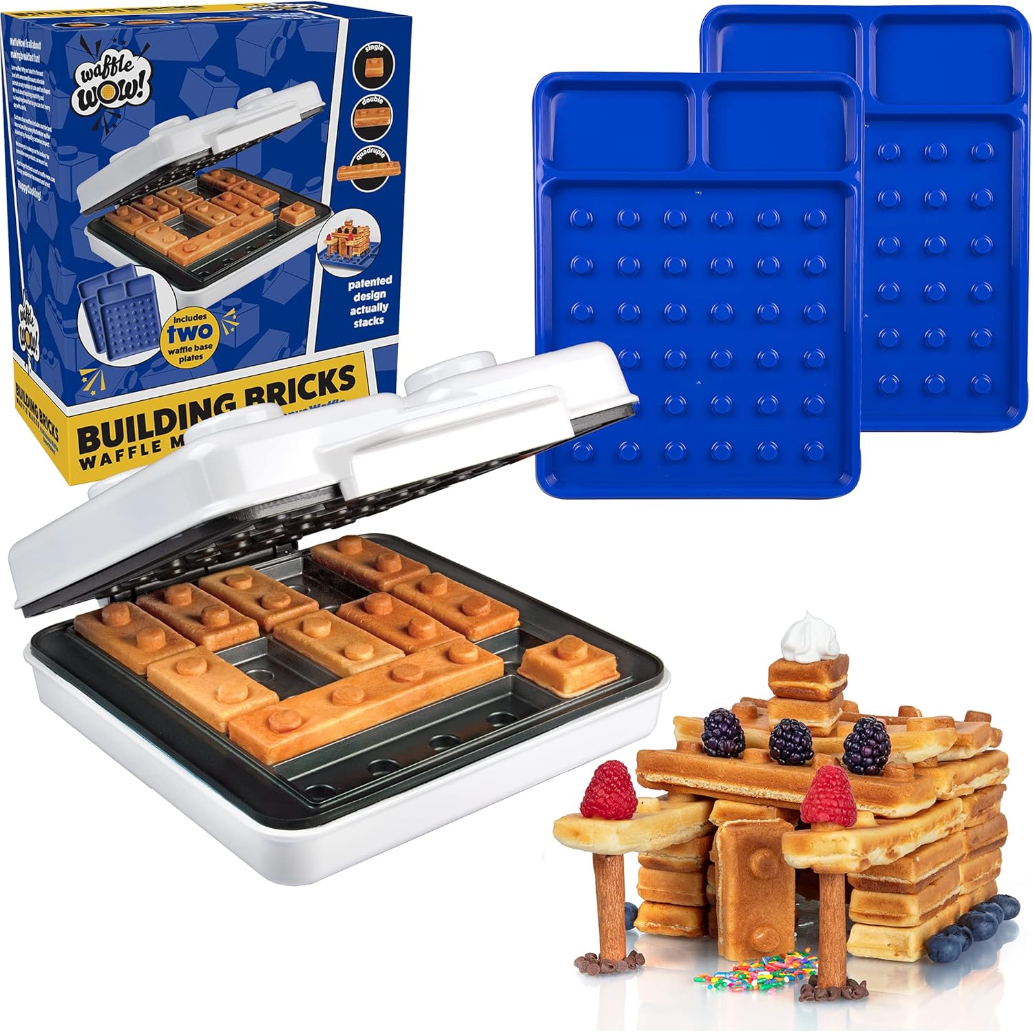 Building Brick Electric Waffle Maker w 2 Construction Eating Plates- Cook Buildable House or Car Waffles, Pancakes in Minutes- Fun Breakfast for Kids Adults- Stack & Build on Serving Dish, Unique Gift