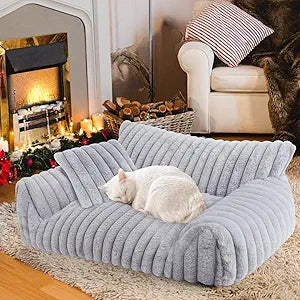 Cute Cat Couch Bed for Indoor Cats, Fluffy Pet Cat Sofa with Premium Soft Corduroy Fleece, Cute Small Dog Beds for Small Dogs, Fuzzy Puppy Chair with Removable Washable Cover (30x20x10,Grey)