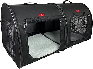 One for Pets Portable 2-in-1 Double Pet Kennel/Shelter, Fabric, Black 20"x20"x39" - Car Seat-Belt Fixture Included