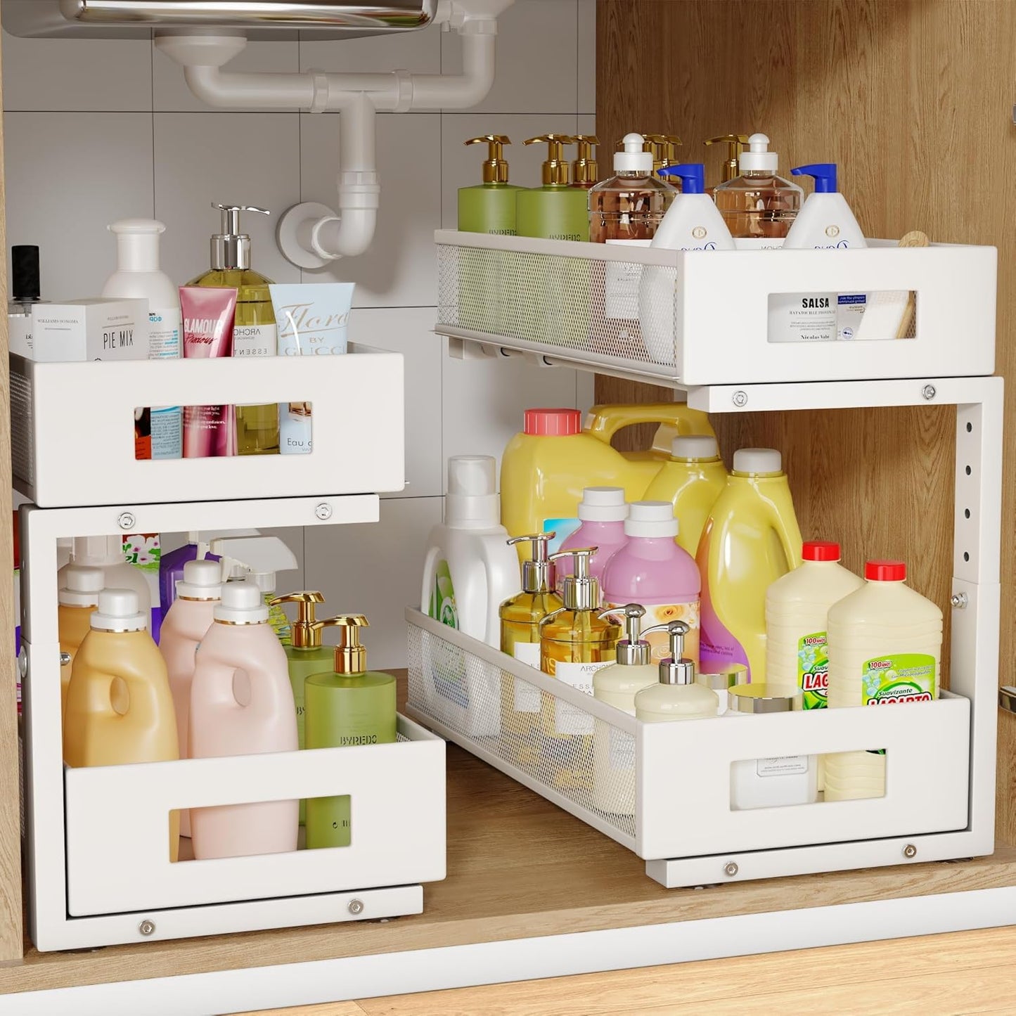 2-Pack Under Sink Organizers And Storage,Large Capacity 2-Tier Pull-Out Cabinet Organizer With Upgraded Tube Rails,Adjustable Height Sliding Drawers,Sturdy Mesh Shelves For Kitchen&Bathroom-White