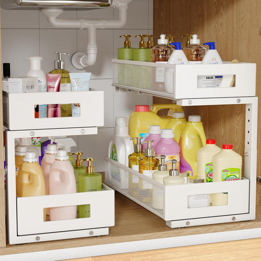 2-Pack Under Sink Organizers And Storage,Large Capacity 2-Tier Pull-Out Cabinet Organizer With Upgraded Tube Rails,Adjustable Height Sliding Drawers,Sturdy Mesh Shelves For Kitchen&Bathroom-White