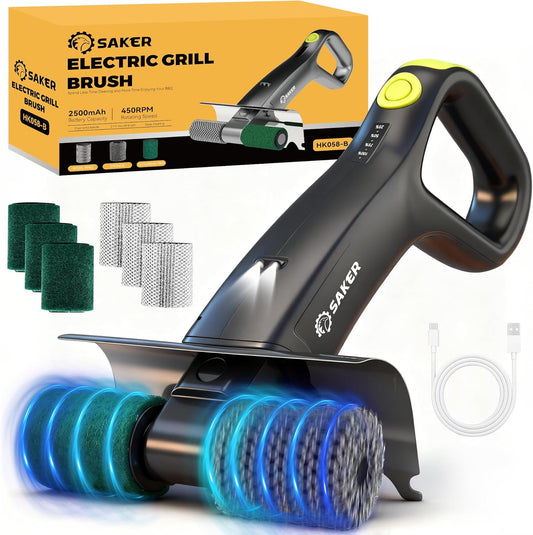 Saker Electric Grill Brush for Outdoor Grill, Bristle-Free Automatic Grill Cleaning Brush with 450 RPM & LED Light, Grill Rescue BBQ Brush Set with 3 Interchangeable Heads