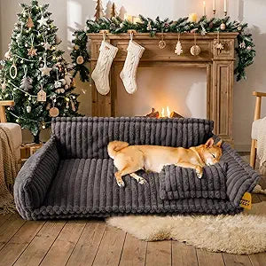 FUNNY FUZZY Dog Bed Orthopedic & Fluffy Dog Couch Bed, Corduroy Fleece Pet Beds Washable, Supportive Foam Pet Sofa Bed with Removable Zipper Cover - Snoozy Dream, Dark Grey, XXL