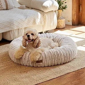 FUKUMARU Dog Bed, Calming Donut Dog Beds for Anxious Dogs, Modern Aesthetic Cat Bed with Gradient Print, Cute Round Pet Beds with Washable Cover, Orthopedic Puppy Bed, Camel, Medium, 30 inches