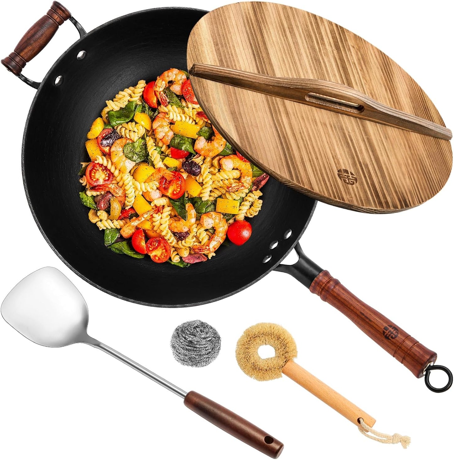 WANGYUANJI 14.2 Inch Cast Iron Wok with Wooden Lid and Stainless Steel Spatula, Large Capacity Flat Bottom Chinese Stir Fry Pan, Non-Toxic Uncoated Cast Iron Wok for Induction, Gas and Electric Stoves