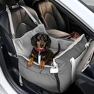 Dog Car Seat for Small Dogs with Extension Zone, Portable Washable Travel Bed for Pets up to 30 lbs, Booster Seat for Front Seat & Camping, Includes Harness Clip â€“ Grey