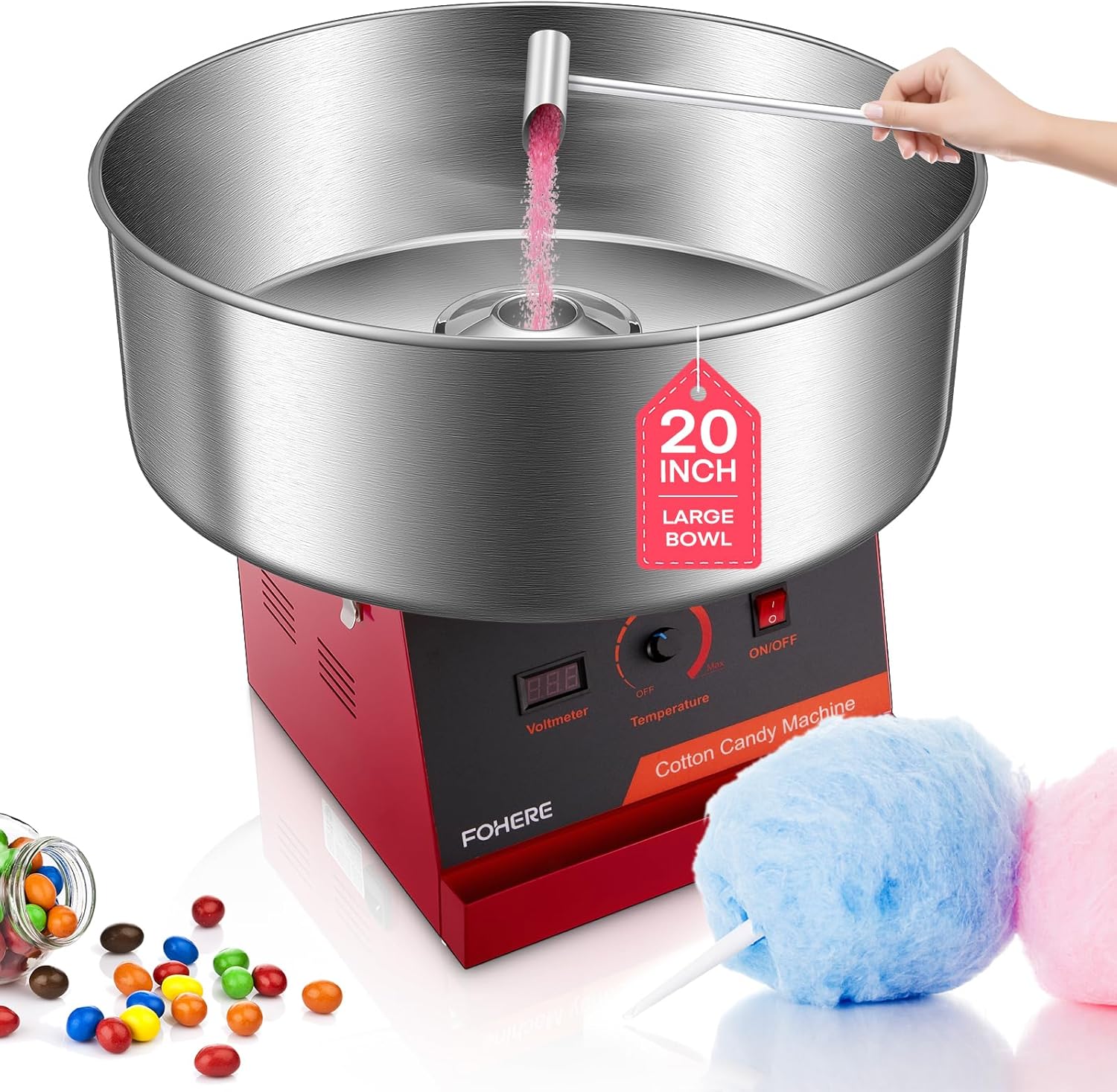 FOHERE Cotton Candy Machine, 1030W Electric Commercial Candy Floss Maker, 20 inch Stainless Steel Bowl with Sugar Scoop,Easy Use for Home Kids Birthday, Family Party, Carnival,Red