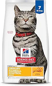 Hill's Science Diet Urinary Hairball Control, Adult 1-6, Urinary Track Health & Hairball Control Support, Dry Cat Food, Chicken Recipe, 7 lb Bag
