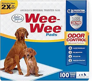 Four Paws Wee-Wee Odor Control Advanced Formula Unscented Pee Pads for Dogs & Puppies, Leak-Proof Housebreaking Potty Training Floor Protection, 22" x 23", 100 Count