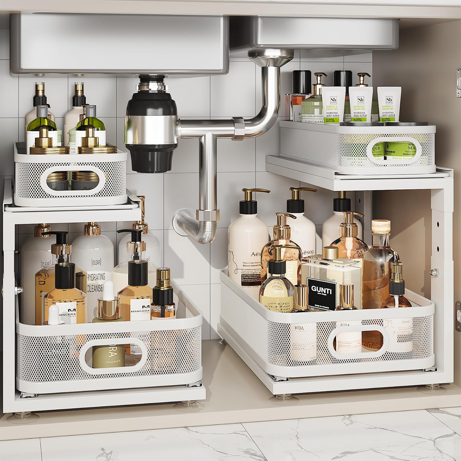 Corbyles 2 Pack Under Sink Organizer With Next-Gen Ball-Bearing Slides,2-Tier Precision Mesh Pull Out Cabinet Drawers Storage for Bathroom&Kitchen,Height Adjustable Shelf,Rust-resistant-Patent Pending