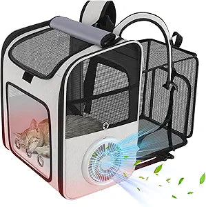 Pet Backpack Carrier with Built-in Cooling Fan & Heating Pad, Expandable Cat Carrier Backpack for Cats and Small Dogs, Ventilated Travel Backpack Carrier for Hiking/Outdoor/Vet Visits, Grey