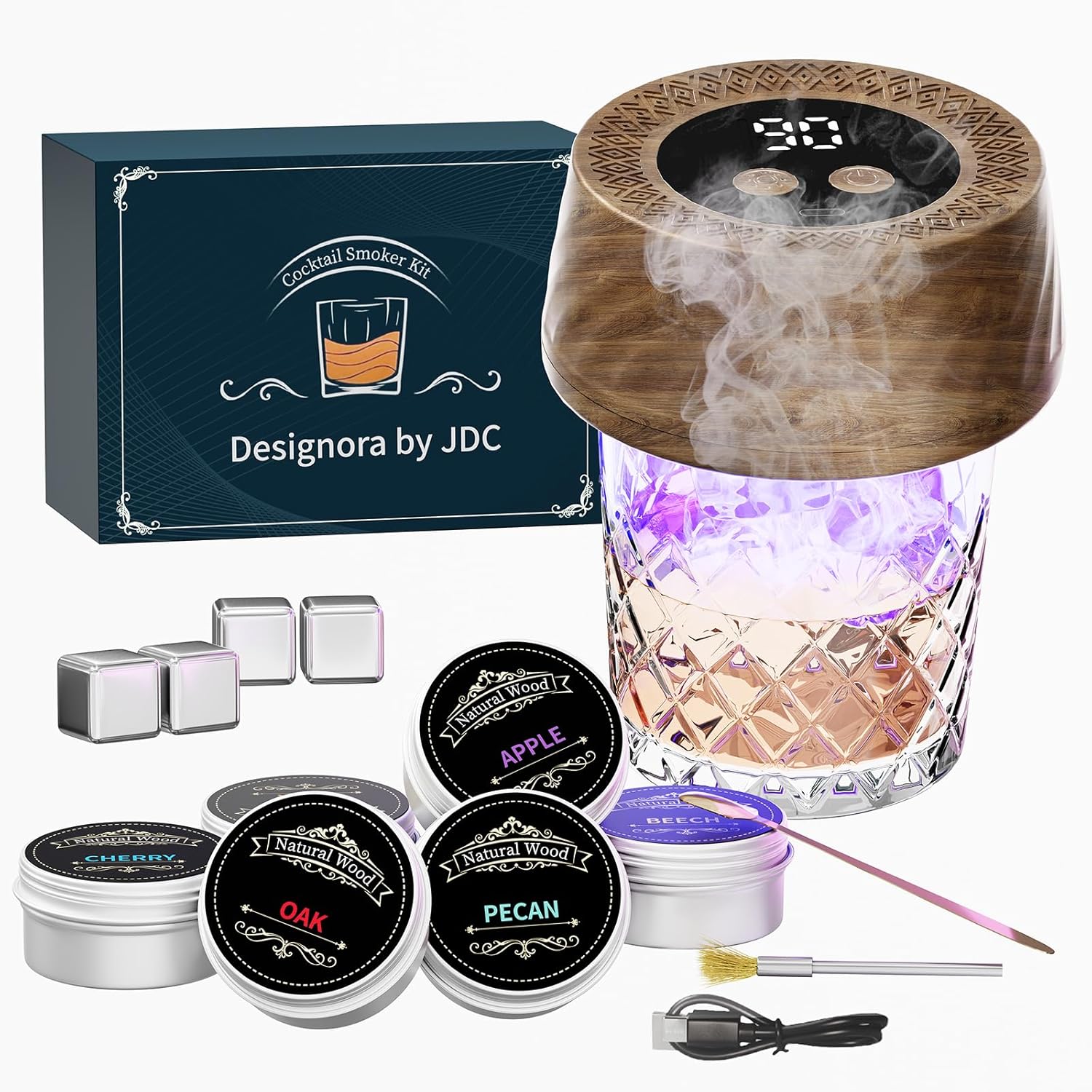 Electric Cocktail Smoker Kits with 6 Wood Chips, Whiskey Smoker Kit with Built-in Lighter, Old Fashioned Bourbon Drinking Smoking Kit, Gifts for Dad Husband Men Father Whiskey Lovers, No Butane Needed