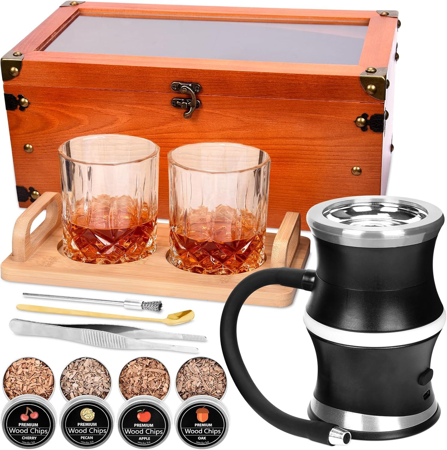Electric Old Fashioned Smoker Kit, Whiskey Smoker Kit with Wooden Smoke Box, Cocktail Smoker Kit Infuse Rich Smoky in Bourbon&Cocktail, Home Bar Birthday Whiskey Gift for Men, Dad, Husband, Boyfriend
