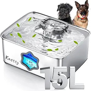 Kastty 15L/4Gal Dog Water Fountain, Stainless Steel Pet Water Bowl Dispenser with Visual Window, Automatic Dual-Color LED, 5-Stage Filtration, Ultra Quiet, for Large Medium Dogs & Multi-pet, FS81