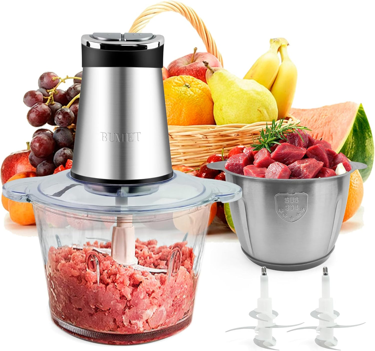2X12-cup bowls 800W Electric Food Processor with LED timer. 3-Tiered 6 Cutting Edges blade for mincing, chopping, Ideal as meat grinder, fresh vegetables chopper, pet food process in kitchen.
