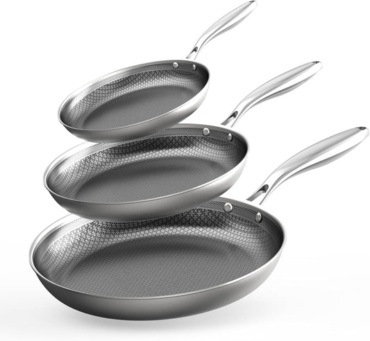 COOKER KING Non-toxic Frying Pans Set of 3 (8+10+12 Inch), Tri Ply Stainless Steel Pans, Induction Pan Set, Chef's Pan, Skillets Dishwasher & Oven Safe, Stay-Cool Handles, Compatible with All Cooktops