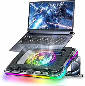 KeiBn Gaming Laptop Cooling Pad, Laptop Fan Cooling Pad with 5.5inch RGB External Fan, Rapid Cooling Laptop 15.6-19.3inch, 8 Height Stands, 2 USB Ports, Phone Holder-K1 5V RGB