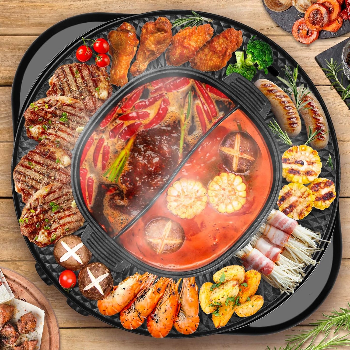 2 in 1 Hot Pot with Grill, Electric Korean BBQ Grill, Independent Dual Temperature Control & Non-stick Pan, Multi-function Smokeless Barbecue Grill for Family and Friends Gathering