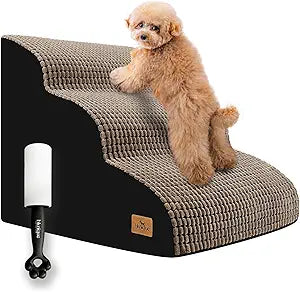 Dog Stairs for Bed 15.8'' H, 3 Step Dog Ramp for Small Dogs and Cats, Curved Dogs Steps for Sofa Couch or Chair, Portable Pet Stairs for High Bed Climbing, Non-Slip Balanced Pet Step Indoor, Brown