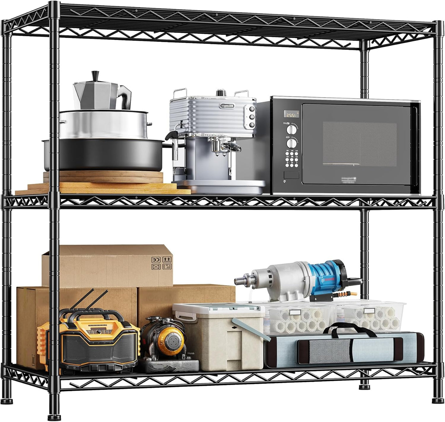 DurayLoly 3- Shelf Metal Shelving Unit 35.6Wx14Dx36H Adjustable Storage Shelves Heavy Duty Garage Shelving Steel Wire Shelving for Laundry Bathroom Kitchen Pantry Closet Garage Black