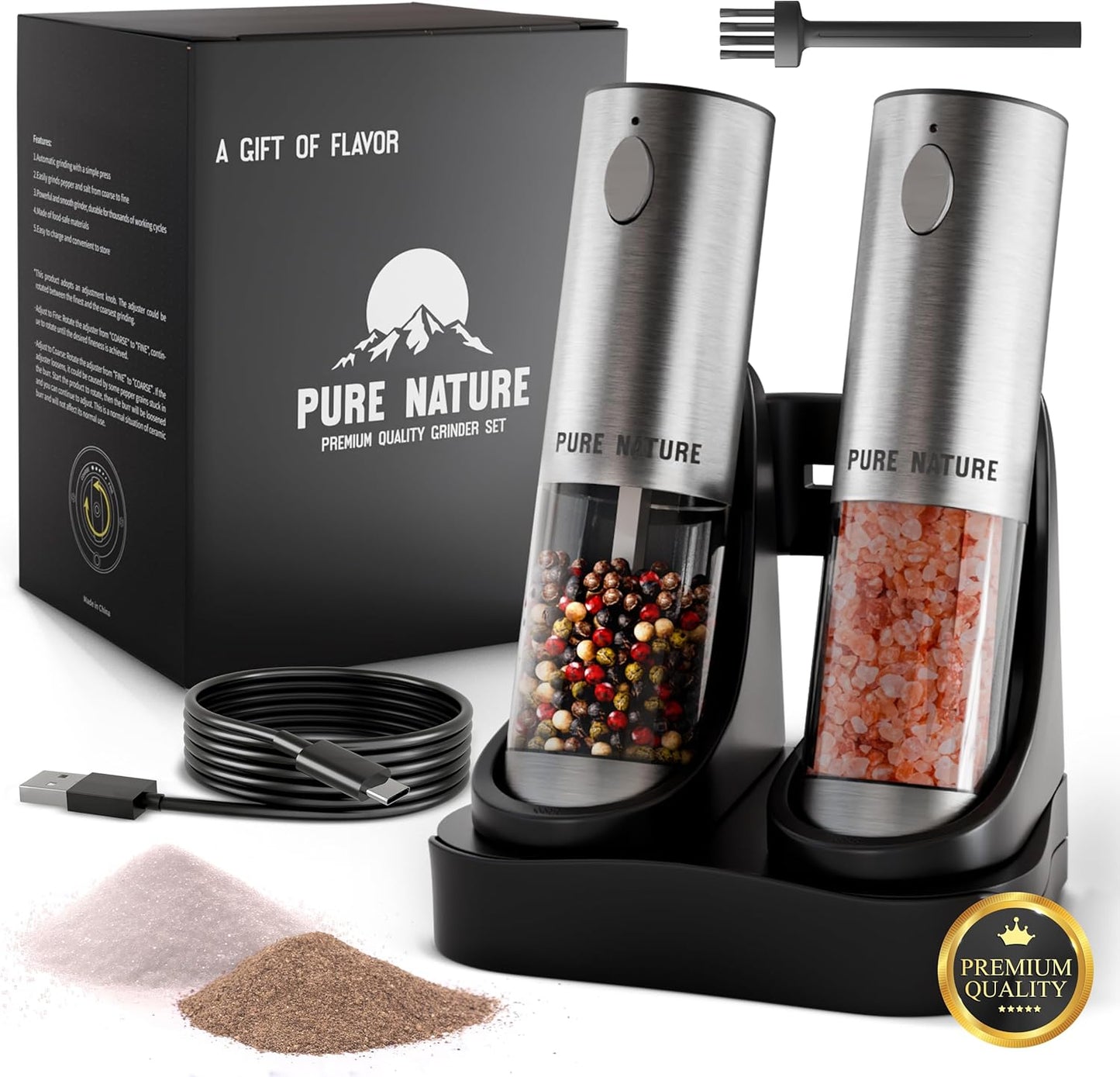 Pure Nature Electric Salt and Pepper Grinder Set with Rechargeable Base \u2013 Stainless Steel, Large Capacity, LED Light, 5 Adjustable Coarseness Levels, Refillable, Type-C Fast Charging