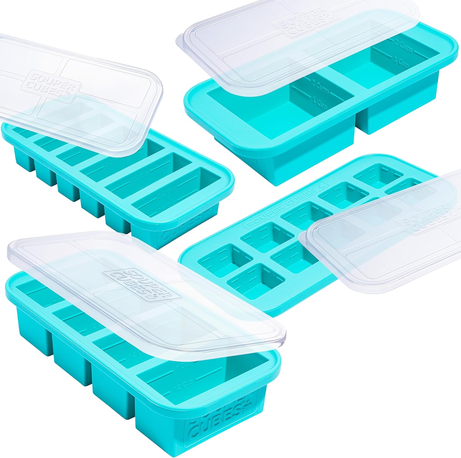 Souper Cubes Silicone Freezer Molds Gift Set with 2 Tbsp, 1\/2, 1, and 2 Cup Silicone Freezer Trays With Lids - Meal Prep and Kitchen Essentials Bundle - Aqua