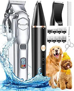 oneisall Dog Grooming Kit for Heavy Thick Hair&Coats/Low Noise Rechargeable Cordless Waterproof Dog Clippers for Grooming Animals&Pets/Pet Shaver with Stainless Steel Blade and Paw Trimmer