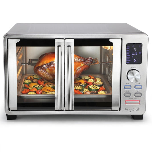 MegaChef 25 Liter Digital Electric French Door Multi-Function Counter Top Oven with Rotisserie Set & Toast, Bagel, Pizza, Bake, Roast, Broil, Cookies, Rotisserie, Dehydrate, Ferment, Warm Functions