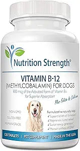 Vitamin B12 for Dogs Plus Folate & Calcium, Support the Nervous System & Blood Cell Formation, Help Sustain Cellular Energy Generation & Maintain DNA Synthesis, 120 Chewable Tablets
