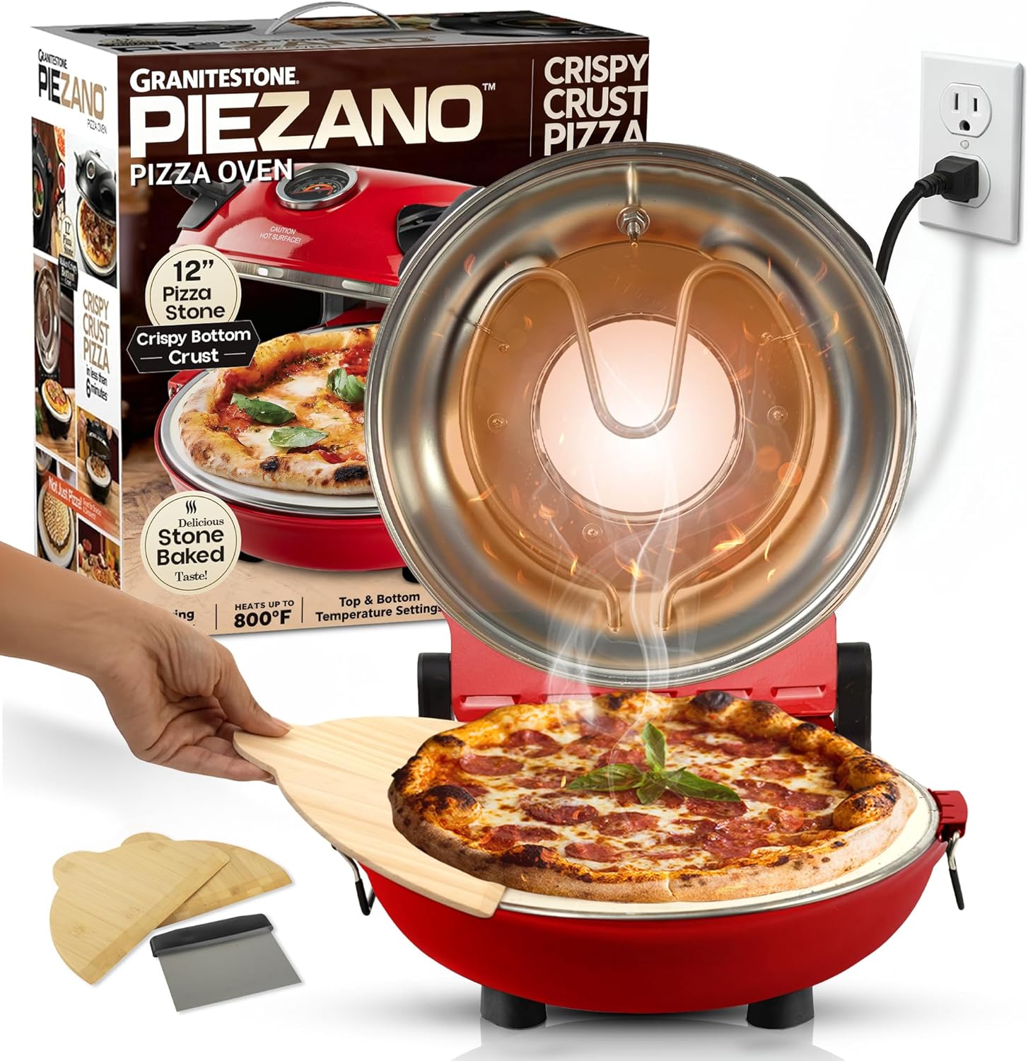 PIEZANO Crispy Crust Pizza Oven by Granitestone \u2013 12 Inch Electric Pizza Oven Indoor Countertop Maker with Ceramic Stone Heats up to 800˚F for Delicious Stone Baked Pizzeria Style Pizza at Home