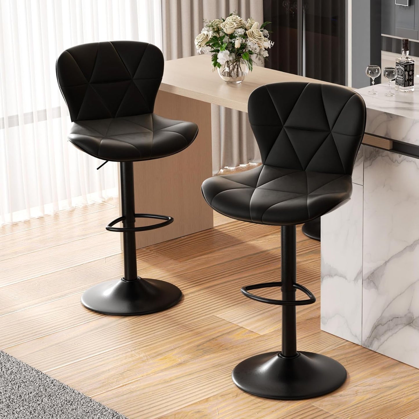Nalupatio Modern Bar Stools Set of 2, Adjustable Faux Leather Upholstered Swivel Bar Stools, Counter Height Bar Chairs with Back for Kitchen Island, Black