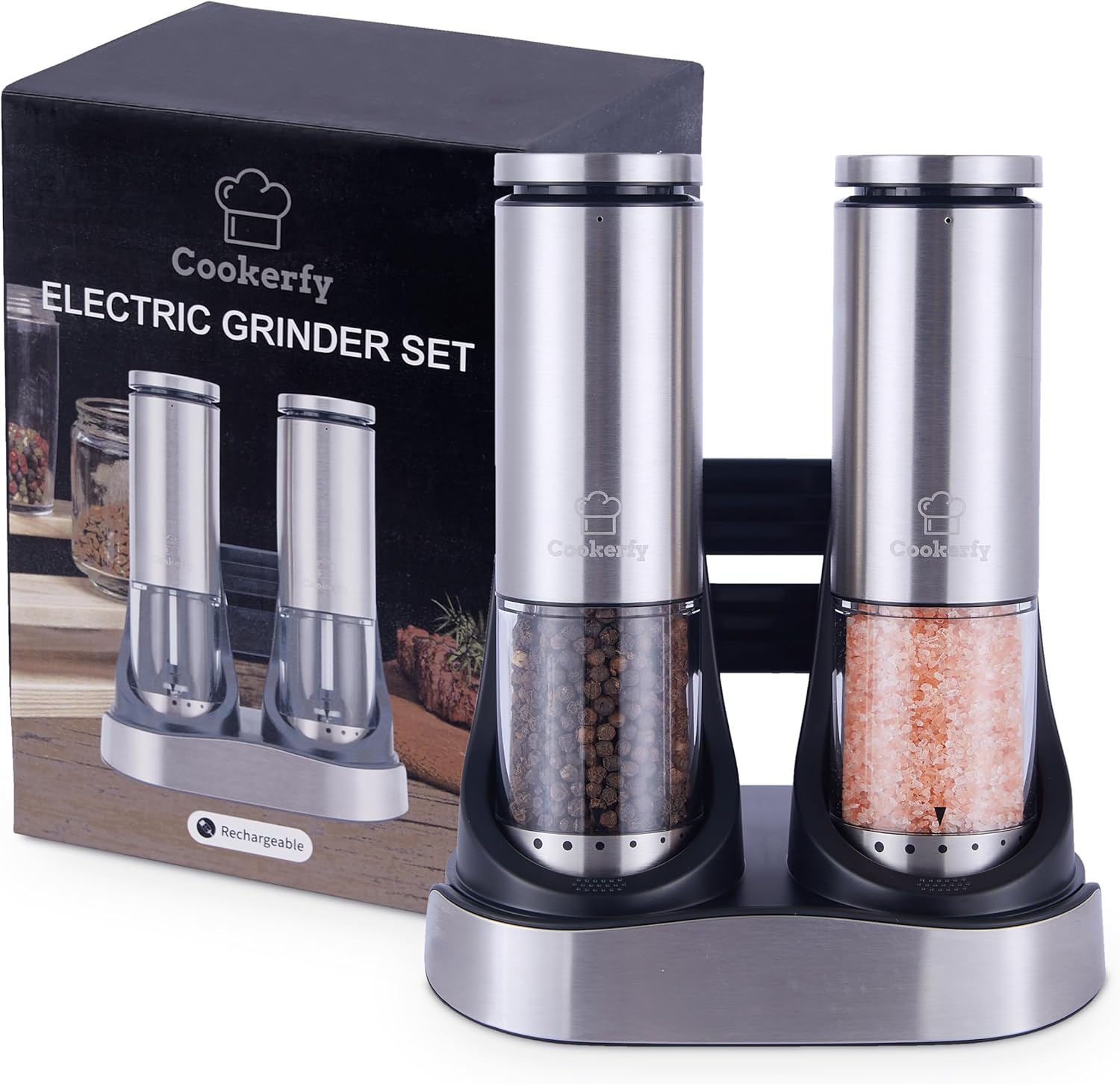 Electric Salt and Pepper Grinder Set Rechargeable Base, Stainless Steel Automatic Electric Salt and Pepper Shakers Set, Led Light, 95ml Capacity Refillable, 6 Coarseness Levels. Kitchen Accessories