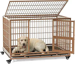 Gardner Pet 43 Inch Heavy Duty Dog Crate with Wheels, Folding Metal Dog Cage for Small/Medium and Large Dogs, Indestructible Dog Crate with Removable Tray (Brown)